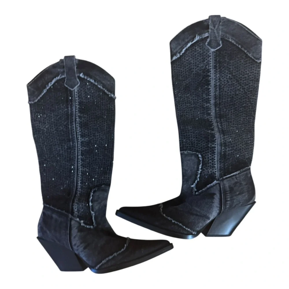 Zara Black Heeled Knee-High Western Boots - Picture 4 of 5